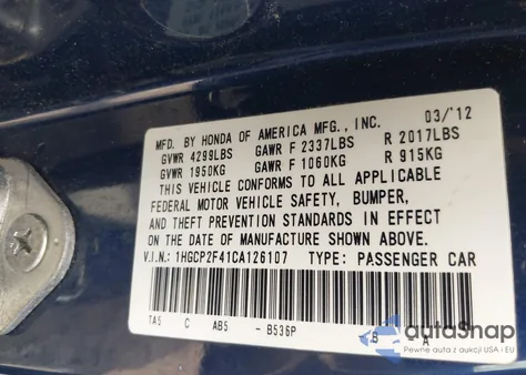 2012 Honda Accord 2.4 Lx-P из США, поврежденный, VIN 1HGCP2F41CA126107